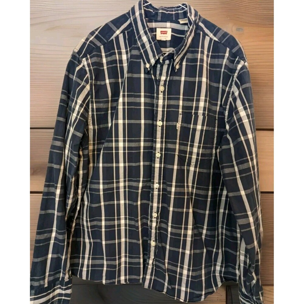 Levis Plaid Relaxed Fit Long Sleeve Button Up Navy Blue Mens Size XL